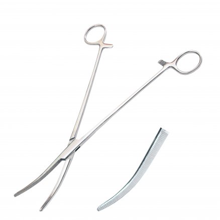 Затискач кровоспинний, по Overholt-Geissendoerfer, зубчатий, зігнутий № 3. Довжина 27,0 см